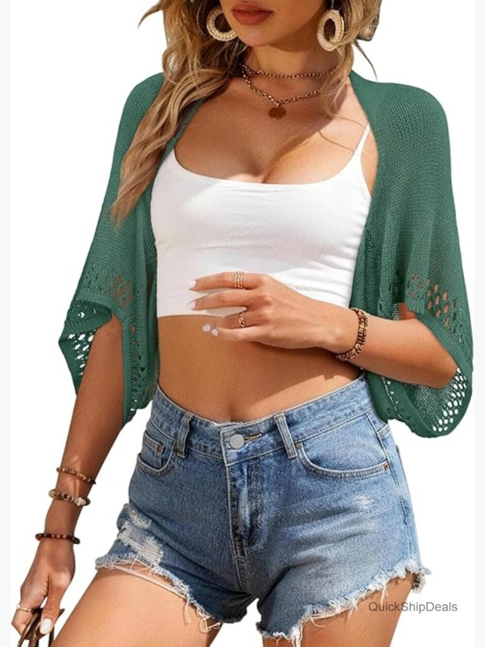 Lightweight Summer Cardigan 3/4 Batwing Sleeve Crochet Shrug Hollowed-Out Knit